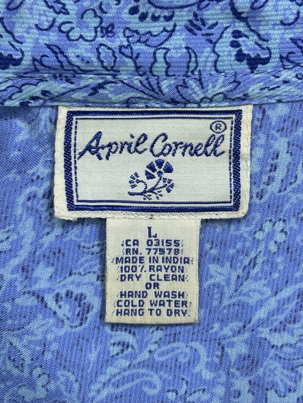April Cornell Floral Maxi Shirt Dress Size L Rayon Blue Boho Cottagecore Country - Picture 16 of 16
